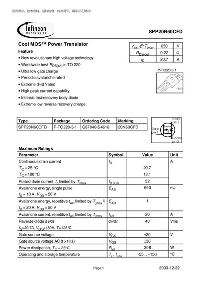 Infineon SPP20N60CFD Power Transistor Datasheet - cover page