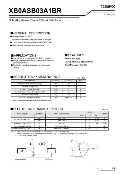 Torex XB0ASB03A1BR Schottky Barrier Diode Datasheet - cover page