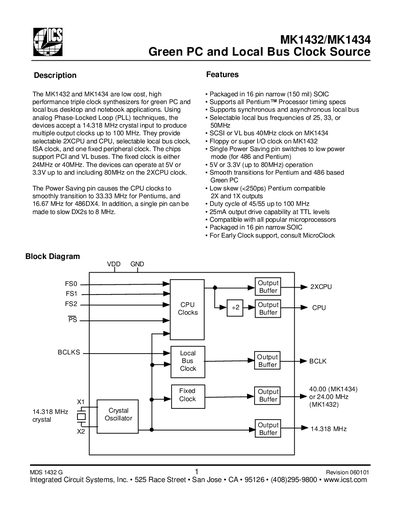Integrated Circuit Systems MK1432/MK1434 Green PC and Local Bus Clock Source Datasheet - cover page