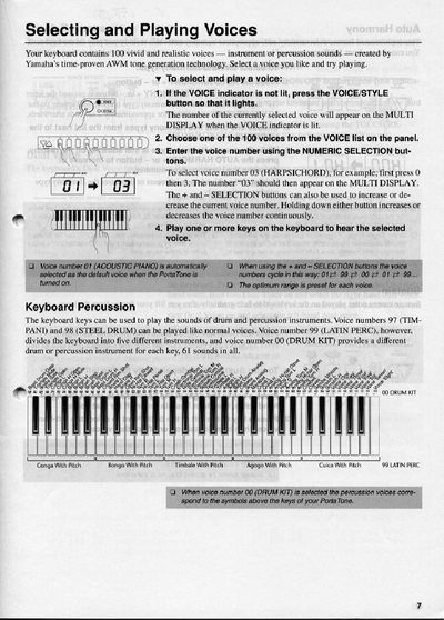 Yamaha PSR-215 Selecting and Playing Voices Guide