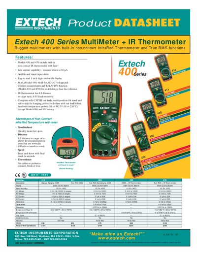 Extech 400 Series Multimeter + IR Thermometer Datasheet - cover page