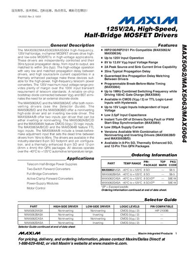 Maxim MAX5062/MAX5063/MAX5064 Half-Bridge MOSFET Driver Datasheet - cover page
