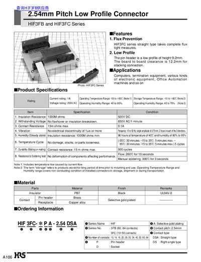 HRS HIF3FB/HIF3FC Series 2.54mm Pitch Low Profile Connector Datasheet - cover page