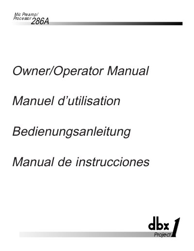 dbx 286A Mic Preamp/Processor Owner/Operator Manual - cover page