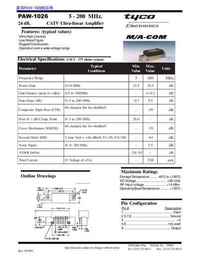 TUCO PAW-1026 CATV Ultra-linear Amplifier Datasheet - cover page