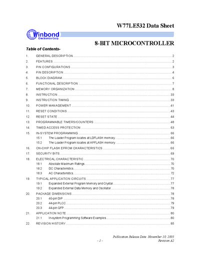 Winbond W77LE532 Microcontroller Datasheet - cover page