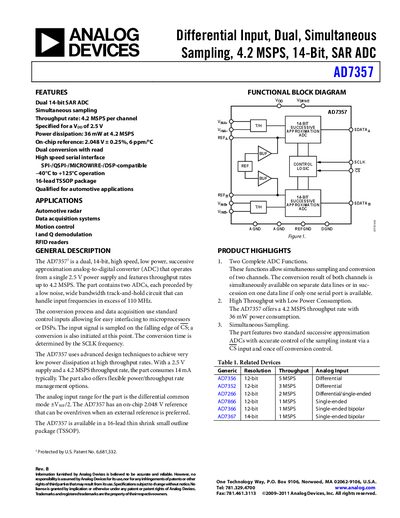 Analog Devices AD7357 Dual 14‑Bit SAR ADC Datasheet - cover page
