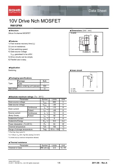 ROHM R6012FNX N‑Channel MOSFET Datasheet - cover page