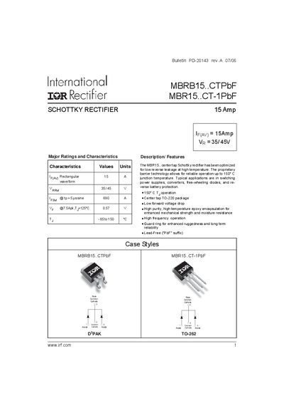 International Rectifier MBRB15..CTPbF & MBR15..CT-1PbF Schottky Rectifier Datasheet - cover page
