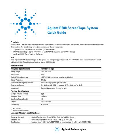 Agilent Technologies P200 ScreenTape System Quick Guide - cover page