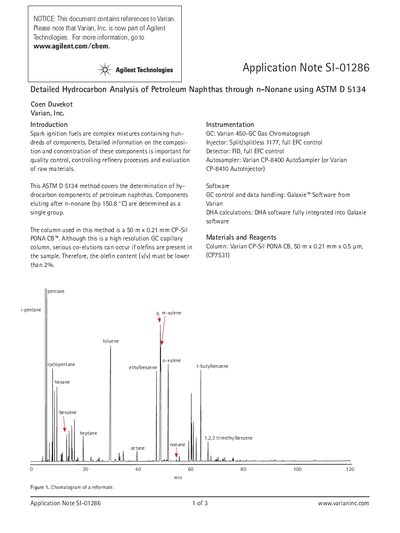Agilent Detailed Hydrocarbon Analysis of Petroleum Naphthas through n-Nonane using ASTM D 5134 Application Note - cover page