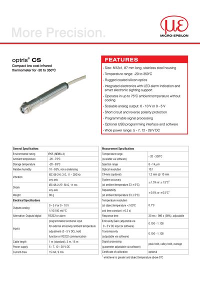 Optris CS Infrared Thermometer Product Handbook - cover page