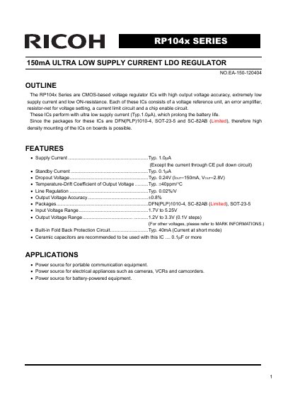 Ricoh RP104x Series LDO Regulator Datasheet
