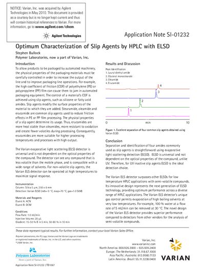 Agilent Application Note S!-01232 Optimum Characterization of Slip Agents by HPLC with ELSD - cover page