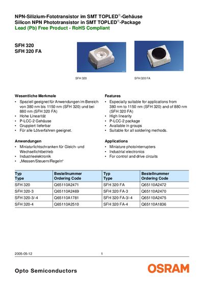 OSRAM SFH 320 Phototransistor Datasheet - cover page