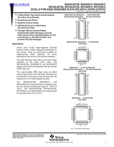 TEXAS INSTRUMENTS SN54ALS574B SN54AS574 SN54AS575 SN74ALS574B SN74ALS575A SN74AS574 SN74AS575 OCTAL D-TYPE EDGE-TRIGGERED FLIP-FLOPS WITH 3-STATE OUTPUTS Data Sheet  - cover page
