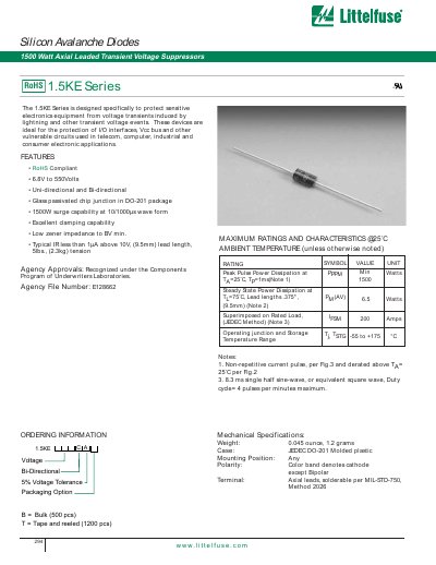 Littelfuse 1.5KE Series Silicon Avalanche Diode Datasheet