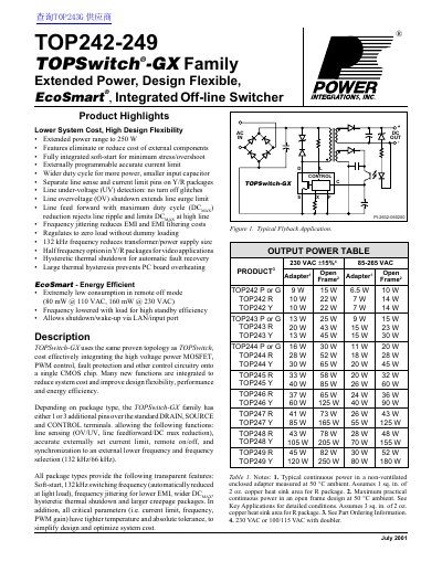 Power Integrations TOP242-249 TOPSwitch-GX Family Datasheet - cover page