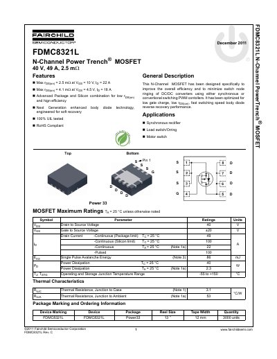 Fairchild FDMC8321L N-Channel Power Trench MOSFET Datasheet - cover page