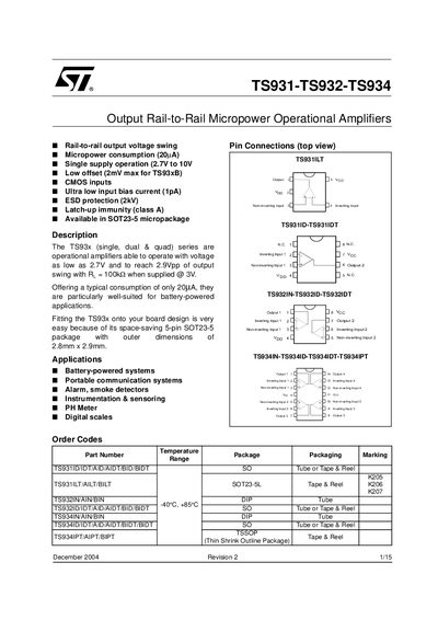 STMicroelectronics TS931/TS932/TS934 Operational Amplifier Datasheet - cover page