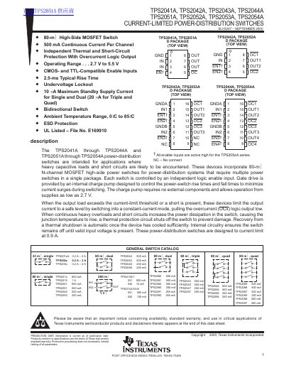 TEXAS INSTRUMENTS TPS2041A TPS2042A TPS2043A TPS2044A TPS2051A TPS2052A TPS2053A TPS2054A CURRENT-LIMITED POWER-DISTRIBUTION SWITCHES handbook