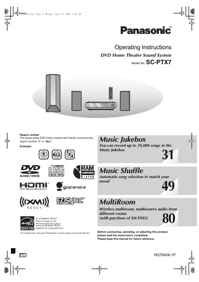 Panasonic SC-PTX7 DVD Home Theater Sound System Operating Instructions - cover page