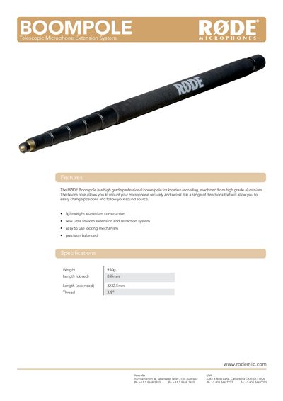 RØDE M3 Multi Powered 3/4” Condenser Microphone Boompole Product Specification - cover page