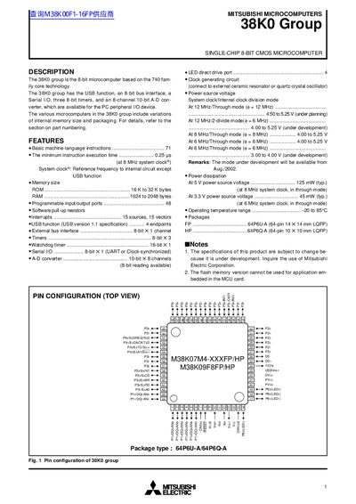 Mitsubishi 38K0 Group Data Sheet - cover page