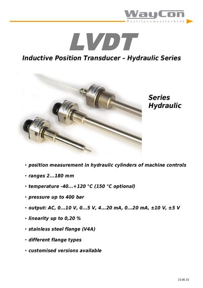 WayCon LVDT 23.06.10 Hydraulic Inductive Position Transducer Datasheet - cover page