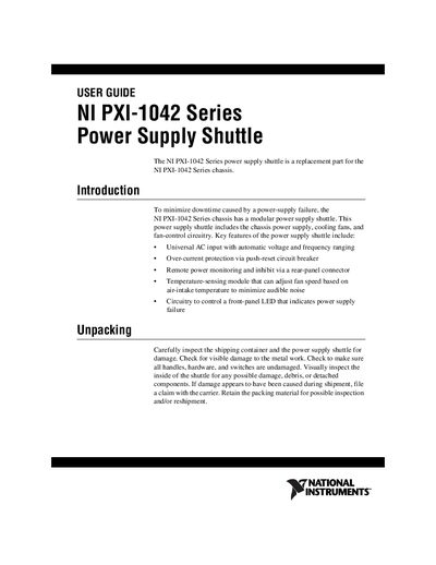 National Instruments PXI-1042 Series Power Supply Shuttle User Guide - cover page