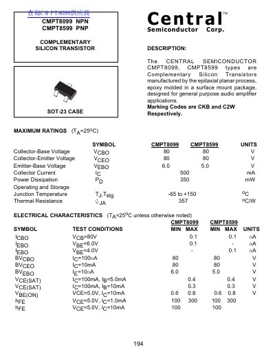 Central Semiconductor CMPT8099/CMPT8599 Complementary Silicon Transistor Datasheet - cover page