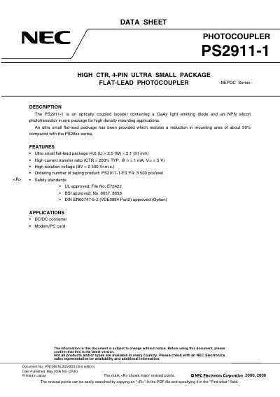 NEC PS2911-1 Photocoupler Datasheet - cover page