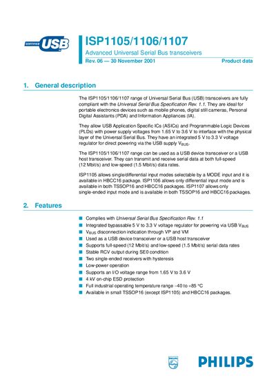 Philips ISP1105/1106/1107 Advanced USB Transceivers Datasheet - cover page