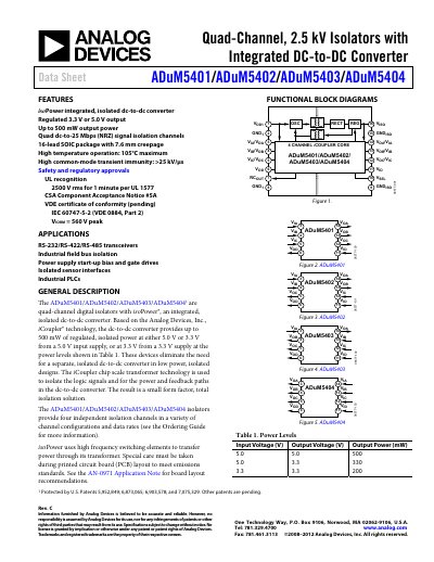 Analog Devices ADuM5401/ADuM5402/ADuM5403/ADuM5404 Quad-Channel Digital Isolator Data Sheet - cover page