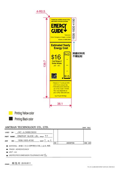 JVC JLC42BC3000 Television Energy Guide