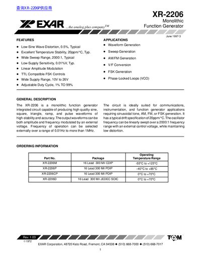 EXAR XR-2206 Monolithic Function Generator Datasheet - cover page