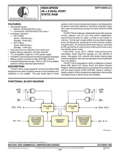 Integrated Device Technology IDT7134SA/LA 4K x 8 Dual-Port Static RAM Datasheet - cover page