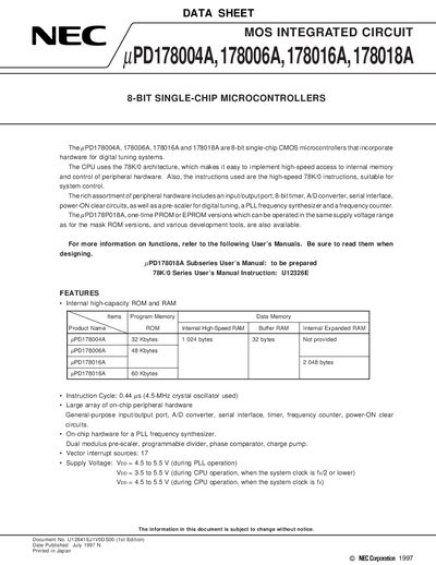 NEC uPD178004A/06A/16A/18A 8-Bit Microcontroller Datasheet - cover page