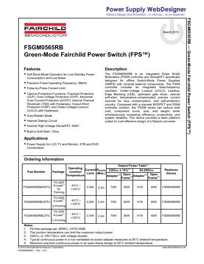 Fairchild Semiconductor FSGM0565RB Power Switch Datasheet - cover page