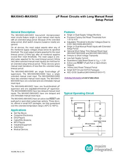 Maxim Integrated MAX6443-MAX6452 µP Reset Circuits Long Manual Reset Setup Period Datasheet - cover page