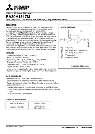 Mitsubishi RA30H1317M RF Power Amplifier Module Datasheet