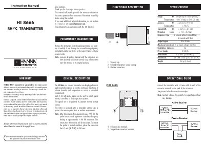 Hanna Instruments HI 8666 RH/°C Transmitter Instruction Manual - cover page