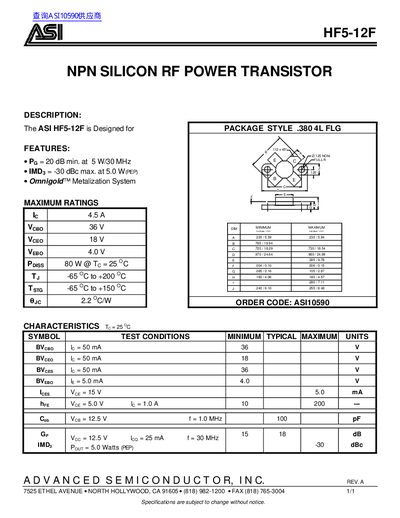 ASI HF5-12F NPN Silicon RF Power Transistor Datasheet - cover page