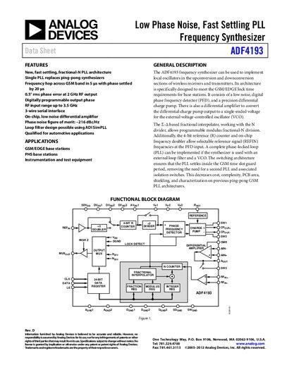 Analog Devices ADF4193 Frequency Synthesizer Datasheet - cover page