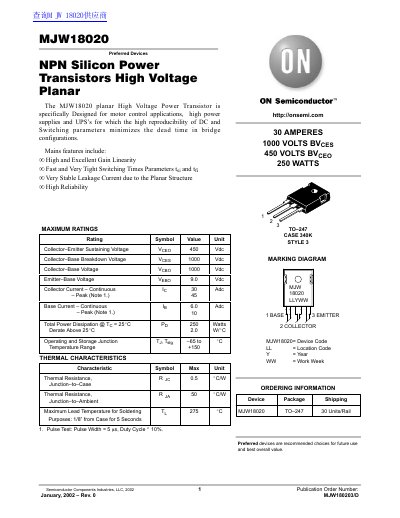 ON Semiconductor MJW18020 NPN Silicon Power Transistor Datasheet - cover page