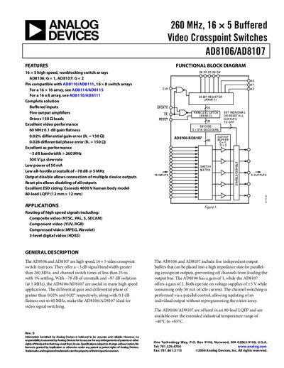 Analog Devices AD8106/AD8107 Video Crosspoint Switches Datasheet