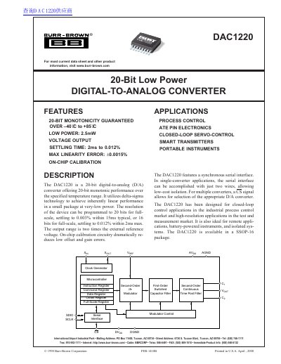 Burr-Brown DAC1220E Datasheet - cover page