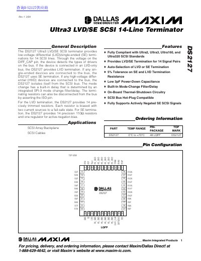 Maxim DS2127 Ultra3 LVD/SE SCSI Terminator Datasheet - cover page