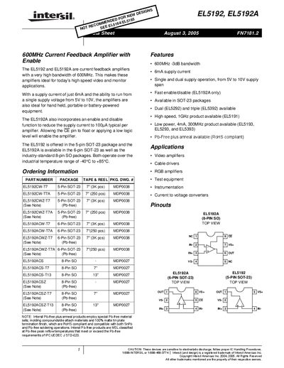 Intersil EL5192 EL5192A Datasheet - cover page