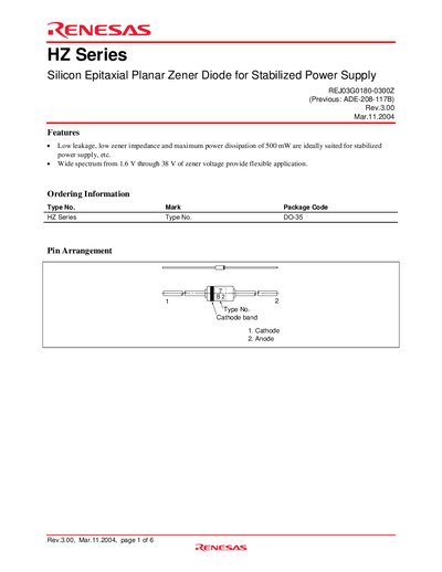 Renesas REJ03G0180-0300Z HZ Series Zener Diode Datasheet - cover page